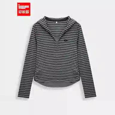 爱依服 条纹显瘦连帽设计卫衣 女款