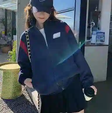 邓大喵 开衫复古春秋外套春季夹克美式立领宽松设计撞色棒球卫衣 女款