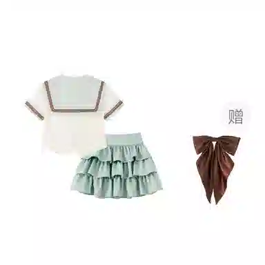 御茶家 小巧莓原创学院风水手服初恋感海军领短款收腰显瘦截短上衣蓬蓬蛋糕裙半身裙裙装套装 女款