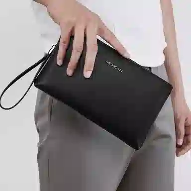 稻草人 英伦风纯色时尚高级感 牛皮革 手拿包 男款 黑色