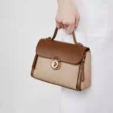 稻草人 时尚高级潮流气质小众百搭通勤拼色 聚氨酯 手提包 常规 女款 棕褐色/杏色