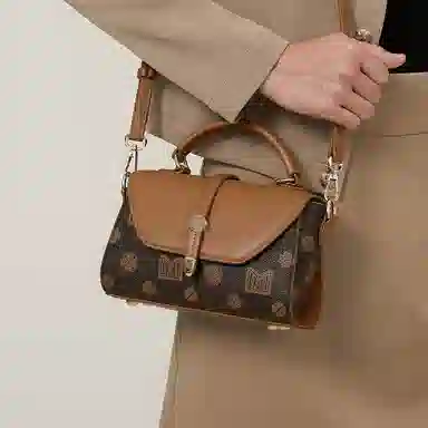 稻草人 复古老花撞色通印防水耐磨可调节肩 聚氯乙烯革拼聚氨酯革 小方包手提小包斜挎包带单肩包 小号 女款 深棕色/米白