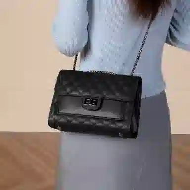 稻草人 精致链条百搭小香风菱格 牛皮拼合成革 小方包斜挎包单肩包腋下包 常规 女款 黑色