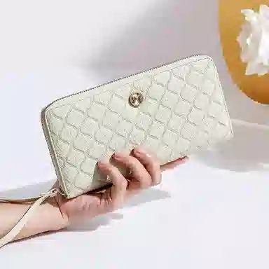 稻草人 高级感小香风菱格拉链开合长款多卡位 牛皮 手拿包 女款 黑色/米白/粉色