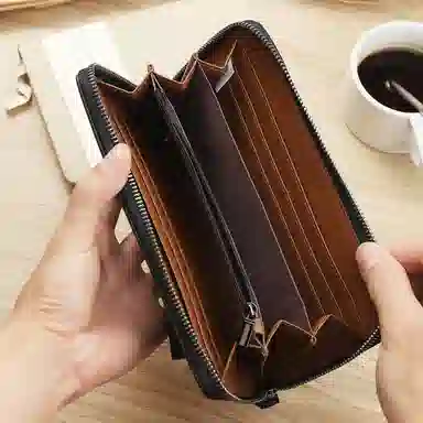 稻草人 休闲商务大钞位一体 荔枝纹 牛皮 手拿包卡包钱包 男款 黑色