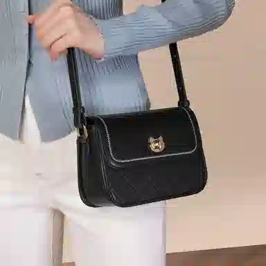 稻草人 百搭时尚小方包 小众通勤实用菱格 人造革 单肩斜挎包 女款 黑色/米白