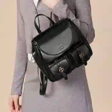 稻草人 高级感复古学院风通勤百搭小众上班 聚氨酯革 双肩包 女款 黑色/黄棕