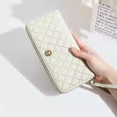 稻草人 高级感小香风菱格拉链开合长款多卡位 牛皮 手拿包 女款 黑色/米白/粉色