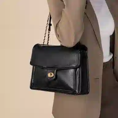 稻草人 小众设计通勤小香风链条 油蜡皮纹理 聚氨酯革 高级感单肩包斜挎包腋下包 女款 静谧黑/摩卡啡