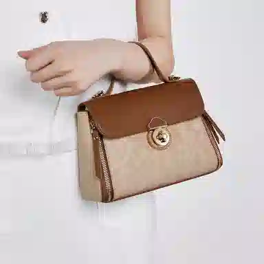 稻草人 时尚高级潮流气质小众百搭通勤拼色 聚氨酯 手提包 常规 女款 棕褐色/杏色