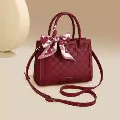 稻草人 大容量棋盘格纹压印 聚氨酯革 手提包 常规 女款 黑色/深红/象牙白