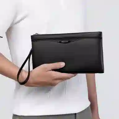 稻草人 英伦风商务纯色时尚潮流 牛皮革 手拿包 常规 男款 黑色