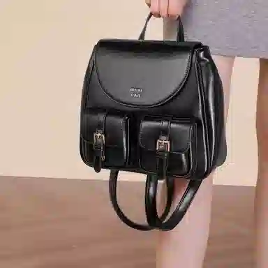 稻草人 高级感复古学院风通勤百搭小众上班 聚氨酯革 双肩包 女款 黑色/黄棕