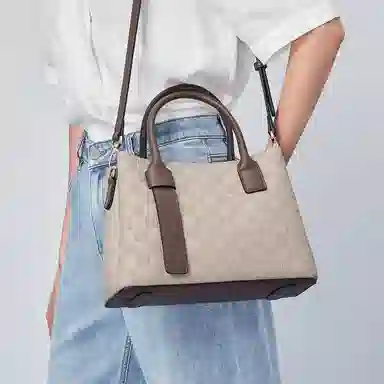 稻草人 时髦棋盘格纹理大容量撞色 聚氨酯 通勤包单肩斜挎手提包 常规 女款 奶茶色/米白