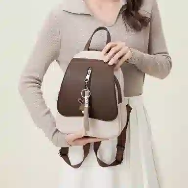 稻草人 时尚百搭通勤休闲 聚氨酯 书包背包双肩包 女款 米白配啡