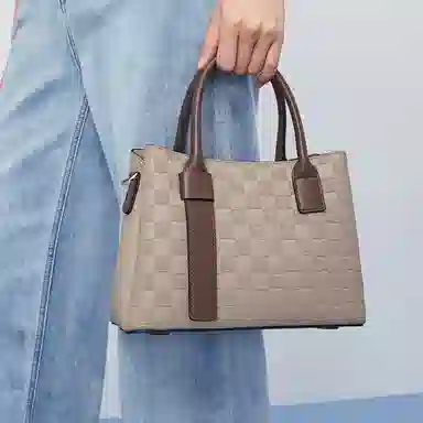 稻草人 时髦棋盘格纹理大容量撞色 聚氨酯 通勤包单肩斜挎手提包 常规 女款 奶茶色/米白