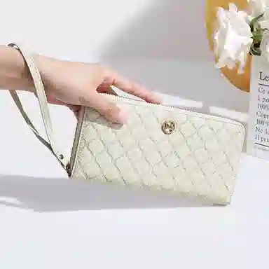 稻草人 高级感小香风菱格拉链开合长款多卡位 牛皮 手拿包 女款 黑色/米白/粉色