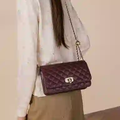 稻草人 优雅小香风菱格 牛皮 小金球链条包 斜挎包 常规 女款 酒红/黑色/米白