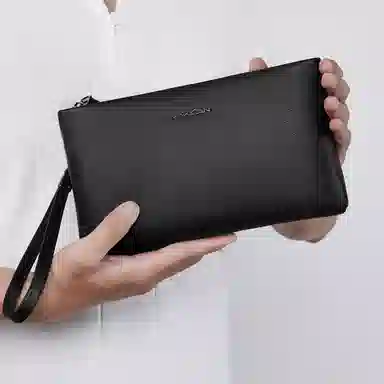 稻草人 英伦风纯色时尚高级感 牛皮革 手拿包 男款 黑色