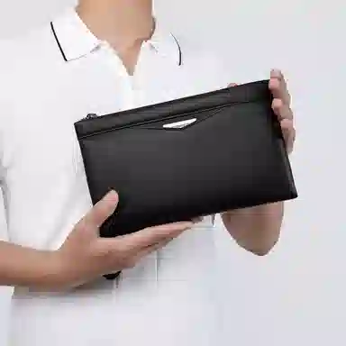 稻草人 英伦风商务纯色时尚潮流 牛皮革 手拿包 常规 男款 黑色