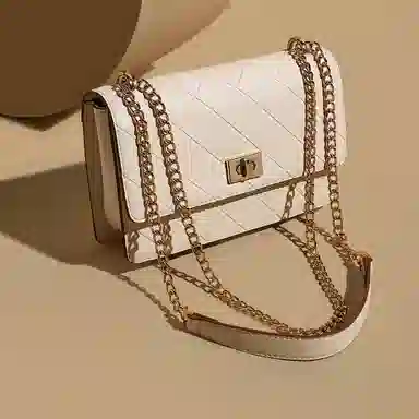 稻草人 优雅百搭小香风菱格链条包 牛皮 腋下单肩斜挎包 女款 黑色/米白