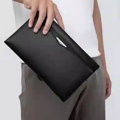 稻草人 英伦风商务纯色时尚潮流 牛皮革 手拿包 常规 男款 黑色