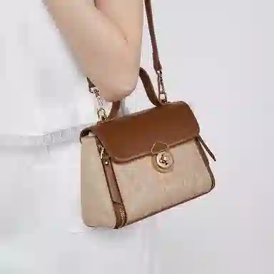 稻草人 时尚高级潮流气质小众百搭通勤拼色 聚氨酯 手提包 常规 女款 棕褐色/杏色