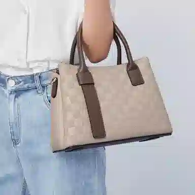 稻草人 时髦棋盘格纹理大容量撞色 聚氨酯 通勤包单肩斜挎手提包 常规 女款 奶茶色/米白