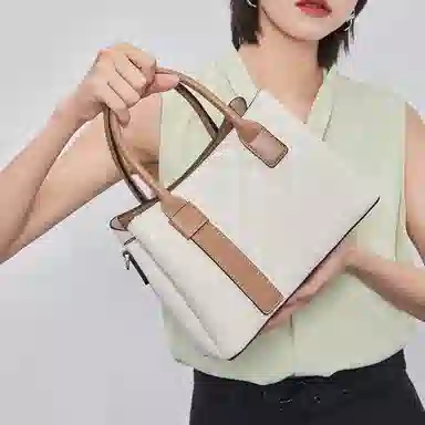 稻草人 时髦棋盘格纹理大容量撞色 聚氨酯 通勤包单肩斜挎手提包 常规 女款 奶茶色/米白