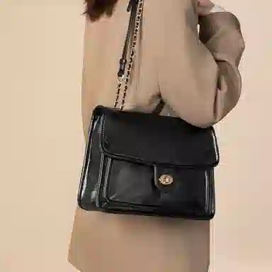 稻草人 小众设计通勤小香风链条 油蜡皮纹理 聚氨酯革 高级感单肩包斜挎包腋下包 女款 静谧黑/摩卡啡