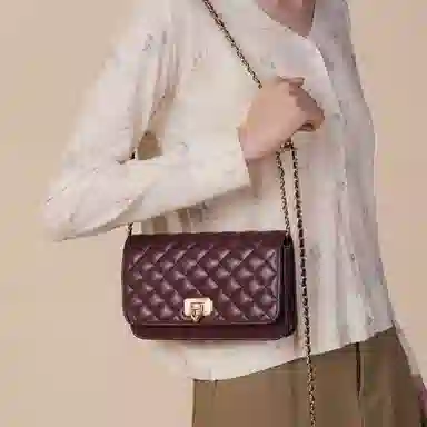 稻草人 优雅小香风菱格 牛皮 小金球链条包 斜挎包 常规 女款 酒红/黑色/米白