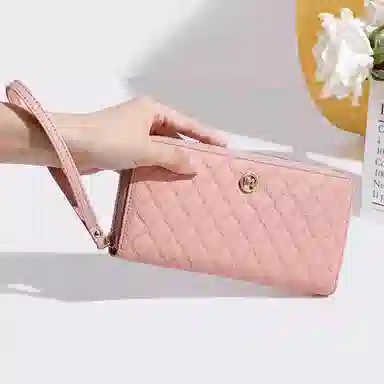 稻草人 高级感小香风菱格拉链开合长款多卡位 牛皮 手拿包 女款 黑色/米白/粉色