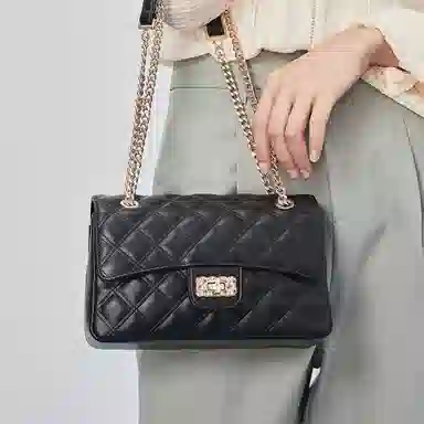 稻草人 小香风高级感小众时尚 聚氨酯 菱格链条包斜挎包 常规 女款 黑色/米白