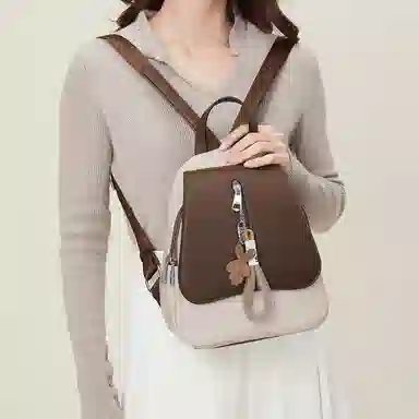 稻草人 时尚百搭通勤休闲 聚氨酯 书包背包双肩包 女款 米白配啡