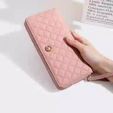 稻草人 高级感小香风菱格拉链开合长款多卡位 牛皮 手拿包 女款 黑色/米白/粉色