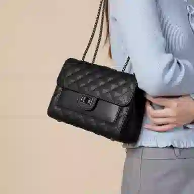 稻草人 精致链条百搭小香风菱格 牛皮拼合成革 小方包斜挎包单肩包腋下包 常规 女款 黑色