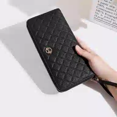 稻草人 高级感小香风菱格拉链开合长款多卡位 牛皮 手拿包 女款 黑色/米白/粉色