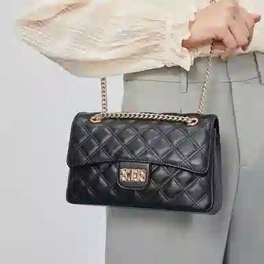 稻草人 小香风高级感小众时尚 聚氨酯 菱格链条包斜挎包 常规 女款 黑色/米白