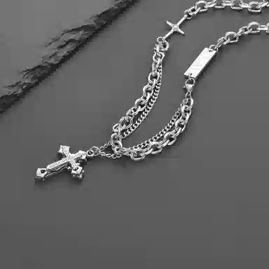 琅风 镶钻拼接十字架链饰锆石高级设计感精致百搭穿搭 钛钢 项链 男款