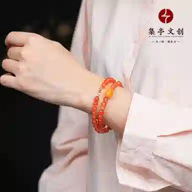 集亭 国风美学 中式轻奢 樱桃红双圈 南红 手串 男女同款情侣款