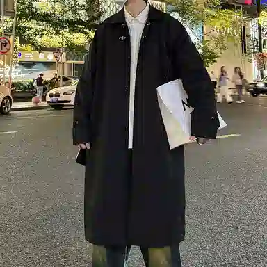 唐狮美式纯色潮流百搭休闲中长款翻领单排扣夹克风衣 男女同款