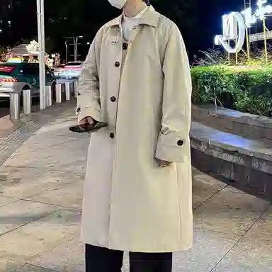 唐狮美式纯色潮流百搭休闲中长款翻领单排扣夹克风衣 男女同款