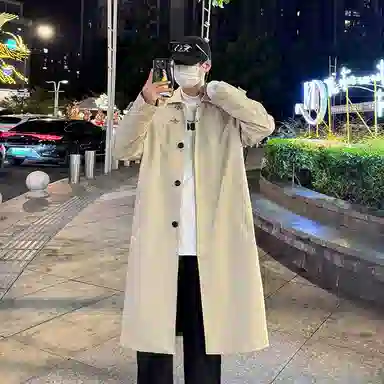 唐狮美式纯色潮流百搭休闲中长款翻领单排扣夹克风衣 男女同款