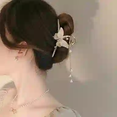 沂茹 文艺小清新甜美精致金色立体飞舞蝴蝶流苏大号后脑勺盘发发抓森系温柔减龄抓夹发饰头饰 合金 发夹 女款