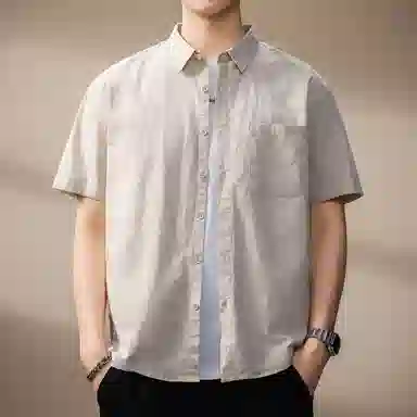 贵色 夏季 美式复古潮流百搭亚麻短袖男士纯色简约拼接设计翻领舒适透气休闲翻领半袖上衣衬衫 宽松 男女同款