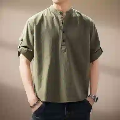 贵色 夏季 纯色简约风格中式立领国风短袖男士户外出行经典百搭纯棉舒适透气立体裁剪工艺休闲短袖衬衣衬衫 男女同款