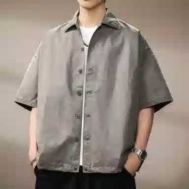 贵色 夏季 日系中性穿搭潮流复古水洗做旧短袖男士时尚纯色简约立体裁剪单排扣设计潮牌翻领休闲半袖衬衣外套衬衫 宽松 男款