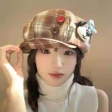 心水好物 韩式格纹音符刺绣拼接撞色小众设计 棉 贝雷帽 女款