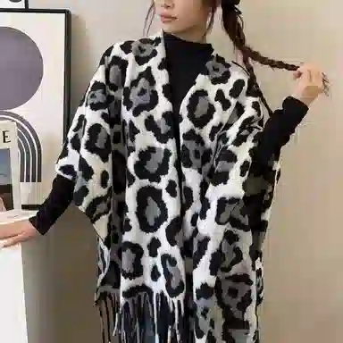 心水好物 拉美风欧美野性豹纹双面外搭高级感旅行流苏 聚酯纤维 披肩 女款