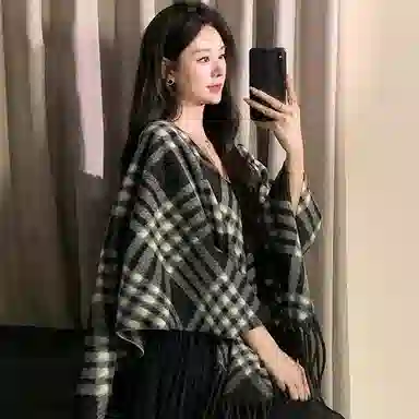 心水好物 名媛风双面经典英伦风外搭高级感保暖流苏围巾斗篷 聚酯纤维 披肩 女款